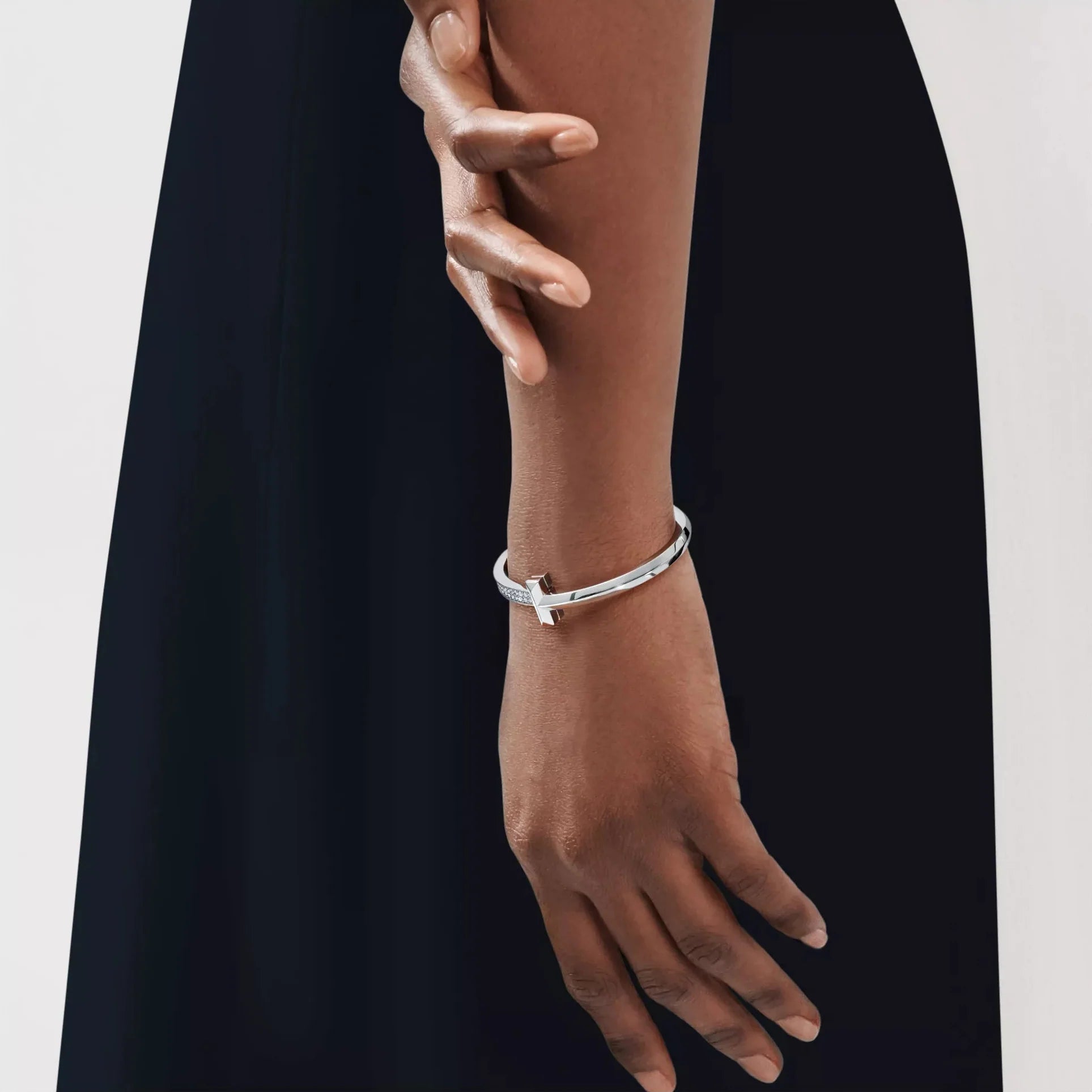 AV T Bracelet - T1 Wide Half Pavé Bangle White Gold